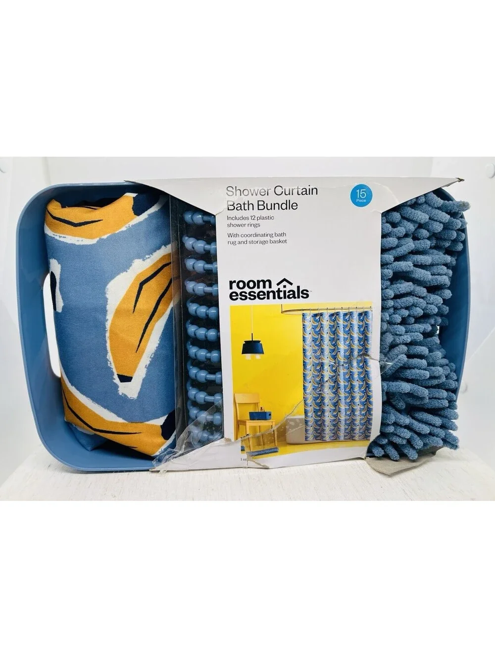 Room Essentials 15pc banana bathroom set shower curtain rug basket blue chenille
